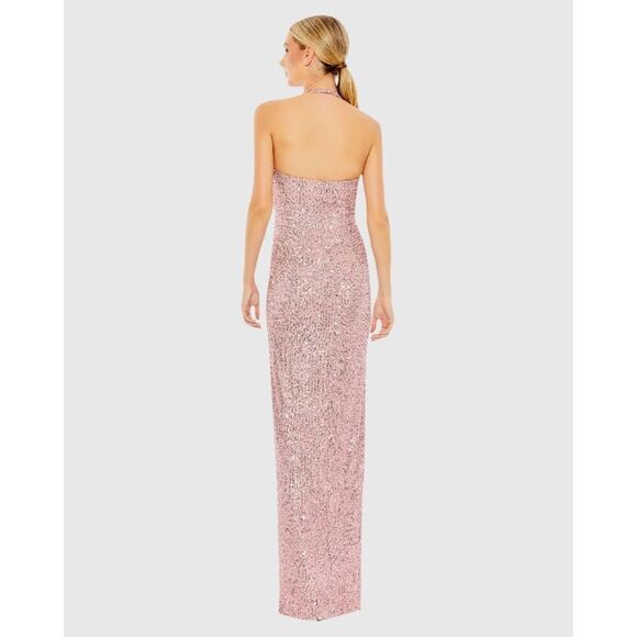 NWT IEENA for Mac Duggal Pink Sequined Halter Strap Low Side Knot Gown Size 4 - Picture 3 of 17